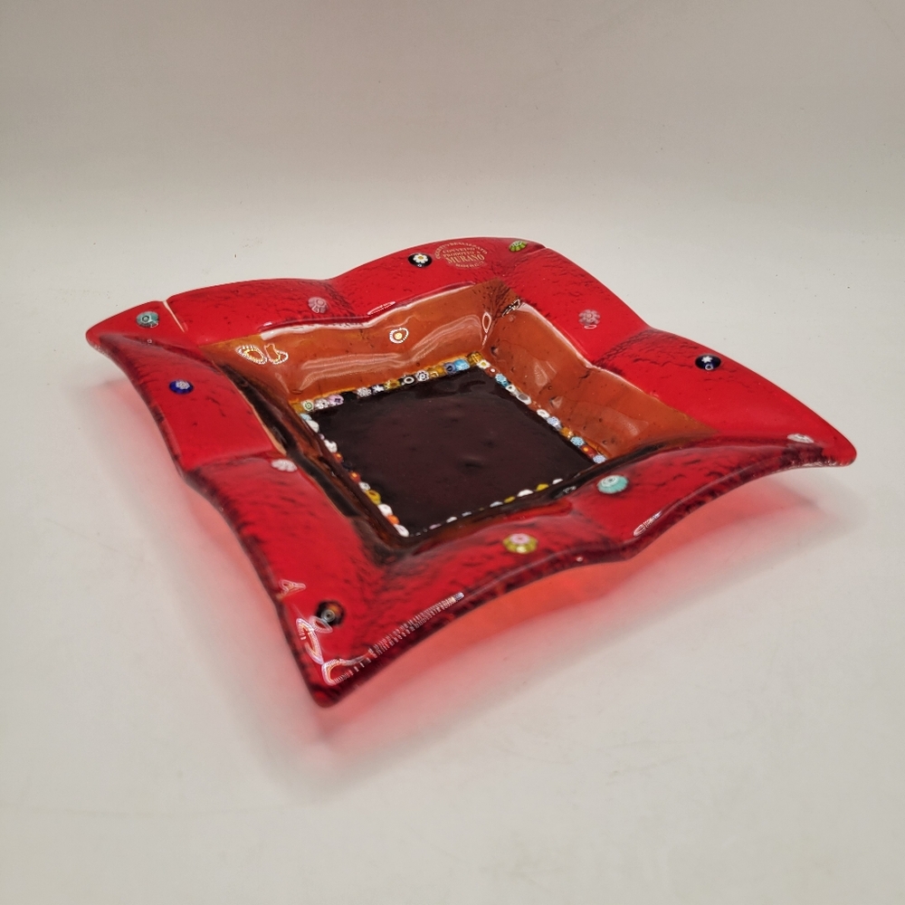Murano Glass Cigar Ashtray 6.5in Square Reg Made In Italy Confetti